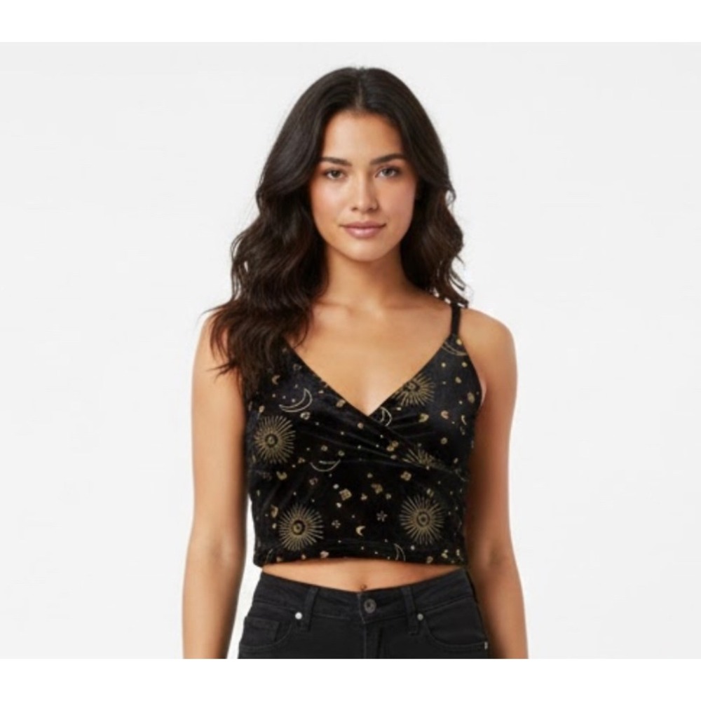 Black Velvet Celestial Crop Top Lace Up Back Women's L Whimsigoth Y2K Fairycore‎
